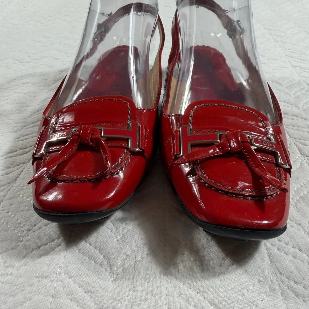 Tods Red‎ Patent Leather Slingback Loafer Flats Women 7.5 (EU 38) Italy Designer